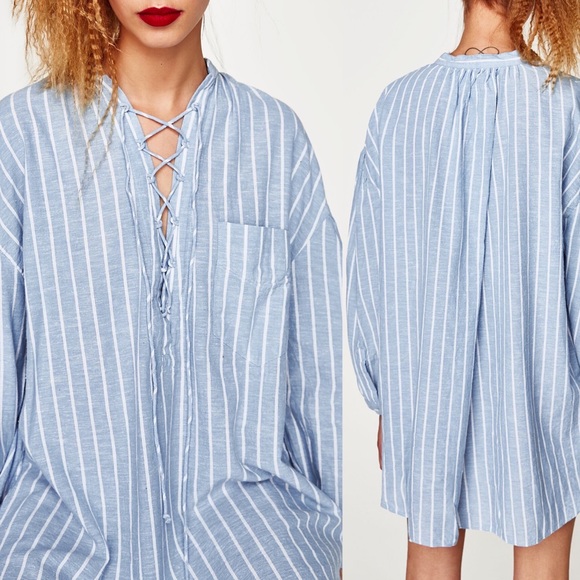 Zara Lace-Up Striped Oversized Tunic Top - Picture 2 of 6